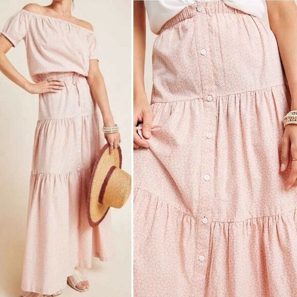 Anthropologie Dresses & Skirts - Anthropologie x Frye Elspeth Pink Floral Full Tiered Button Front Maxi Skirt XL
